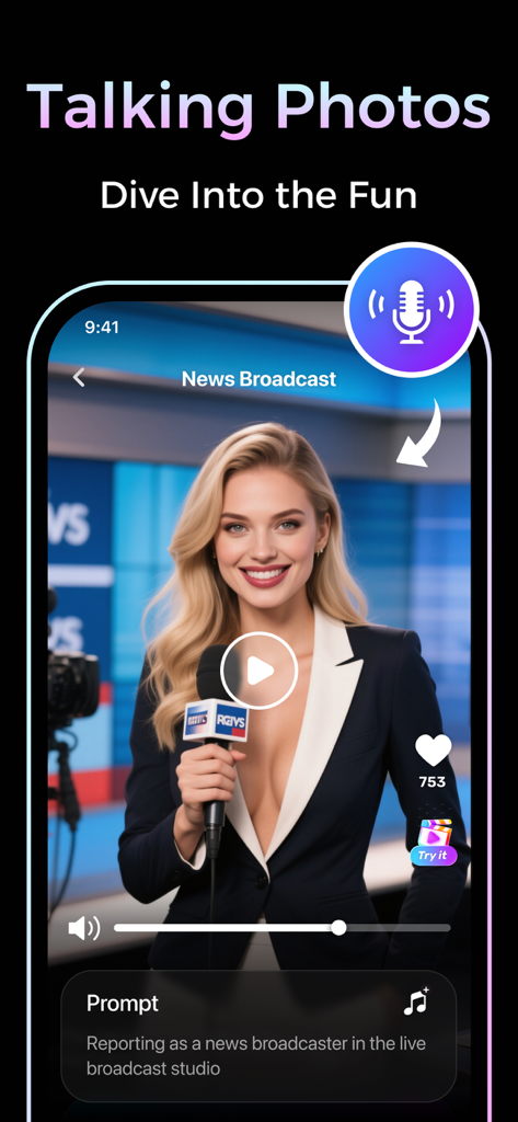 Viflux - AI Photo & AI Video - Viflux app interface showing the Talking Photos feature with an AI generated news broadcaster