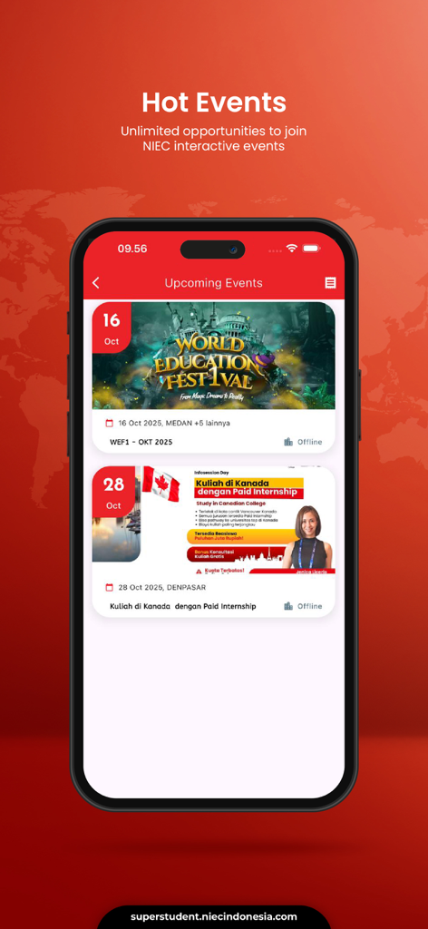 Super Student - The upcoming events screen of the Super Student app displaying international education festivals and study abroad info sessions.
