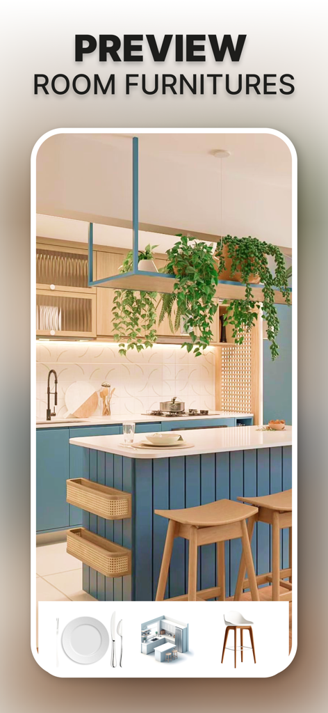 Interior Design - Home Remodel - AI home design app showing a modern kitchen preview with blue cabinetry and wooden bar stools