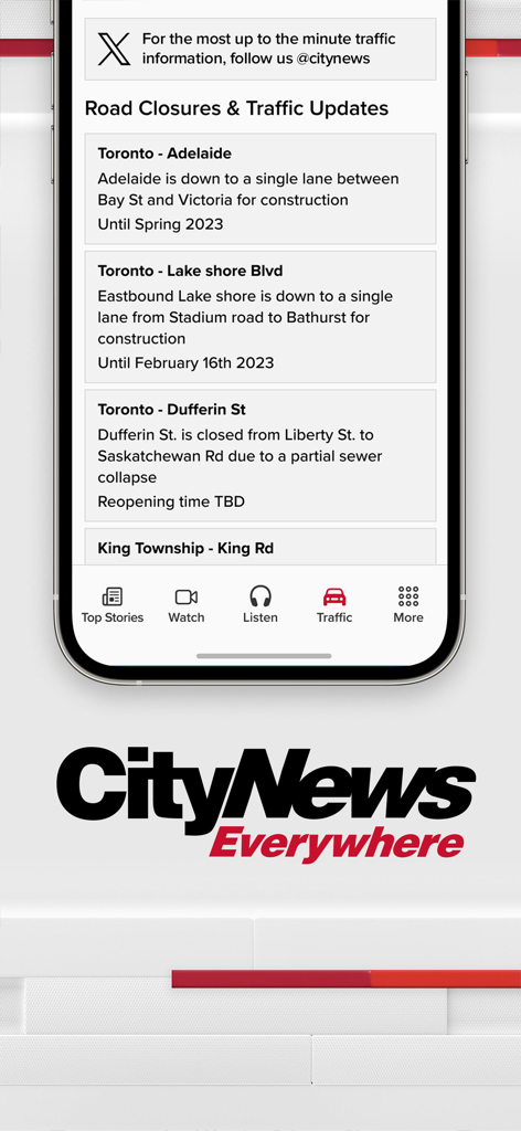 CityNews - Smartphone screen showing real-time road closures and traffic updates for Toronto on the CityNews app.