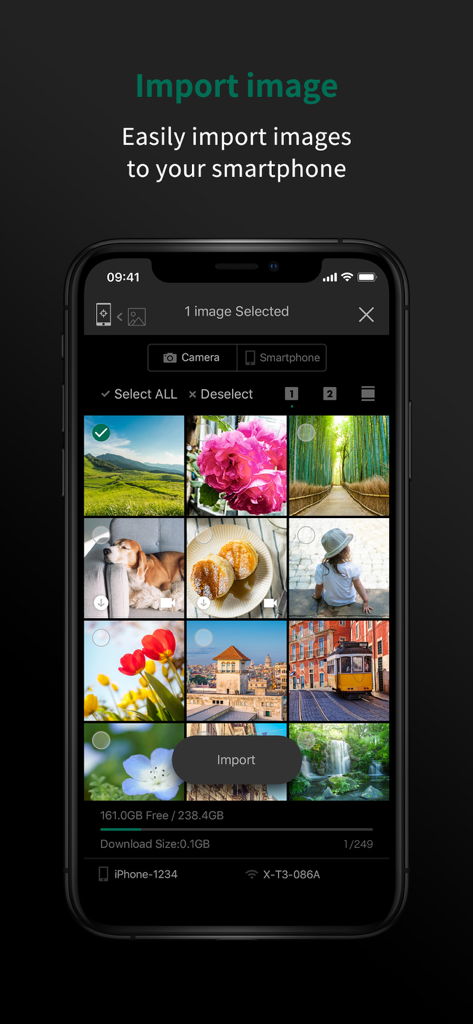 Interface of the FUJIFILM Camera Remote app showing a photo gallery and the option to import images to a smartphone
