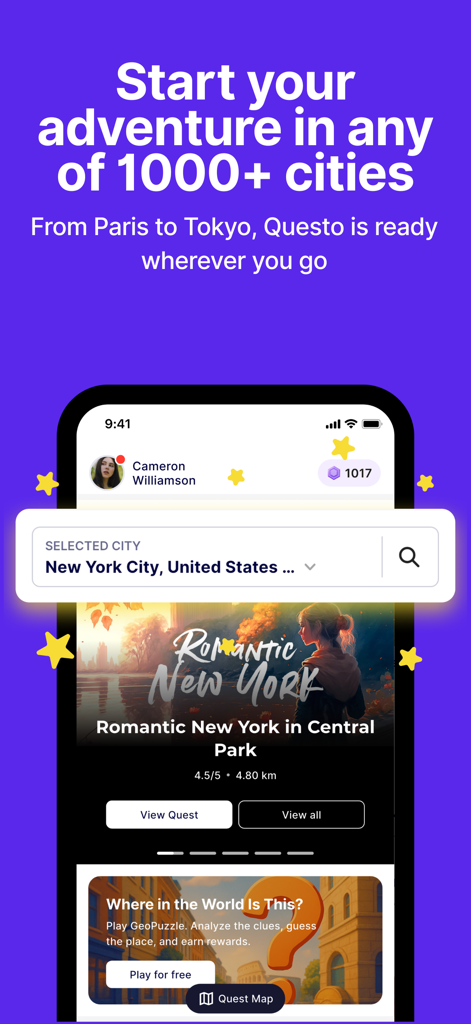 Smartphone screen showing Questo app city selection for outdoor escape games in New York City