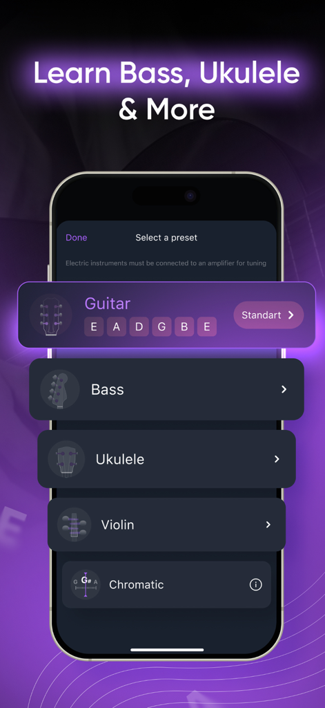 Tuner & Learn To Play Guitar - Pantalla de selección de instrumentos mostrando opciones de afinación para guitarra, bajo, ukelele y violín