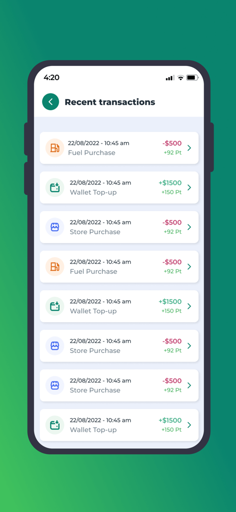 Transaction history screen in the Puma Pris Africa app showing fuel purchases and reward points earned