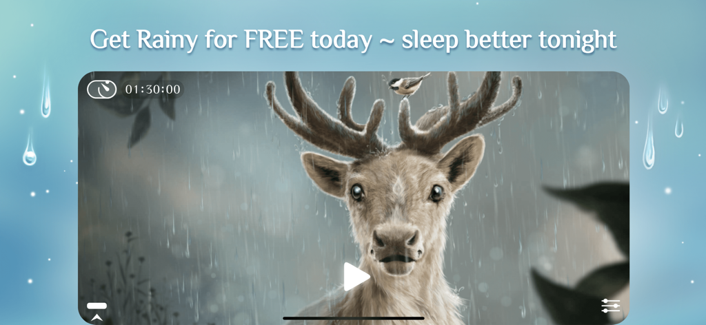 Rainy Sleep Rain Sounds HQ 3D - A calm deer with a small bird on its antlers in a rainy forest setting from the Rainy sleep app.