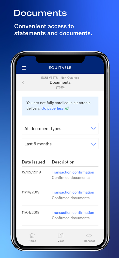 Equitable Mobile App screen displaying account documents and transaction confirmations