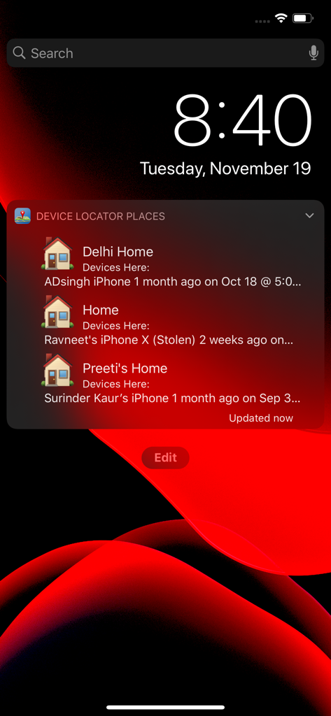 Device Locator - Widget do Localizador de Dispositivos no iOS na tela de bloqueio mostrando locais de dispositivos da família em diferentes casas