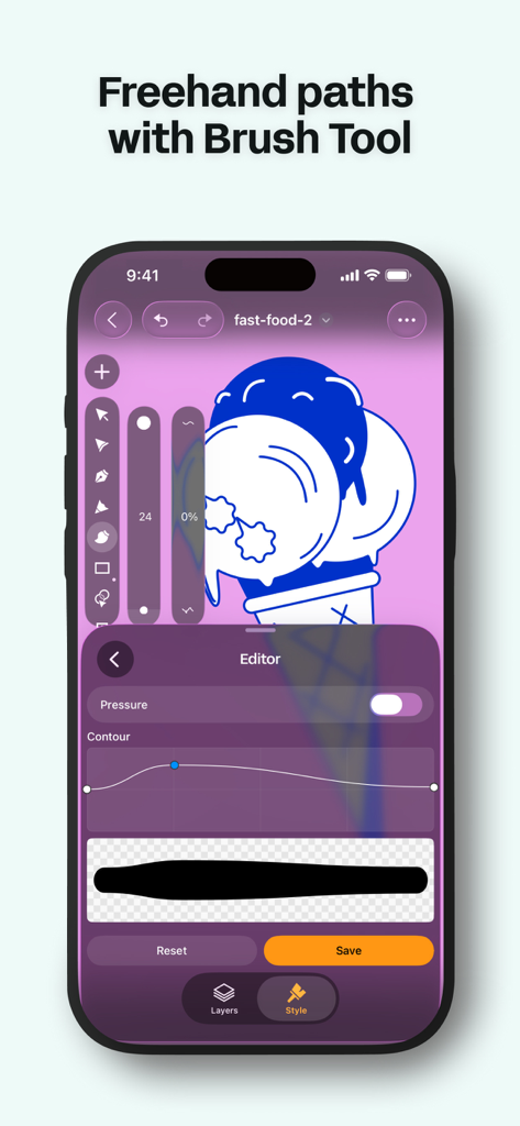Linearity Curve app interface showing the brush tool editor and freehand paths on an iPhone