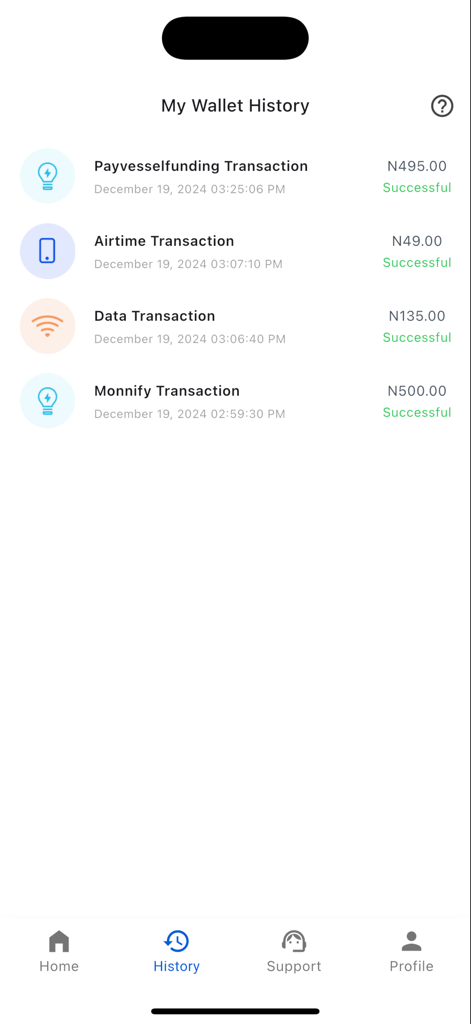 Cool Data Plug: Cheap Data - Mobile app screen showing successful wallet transaction history for airtime and data payments