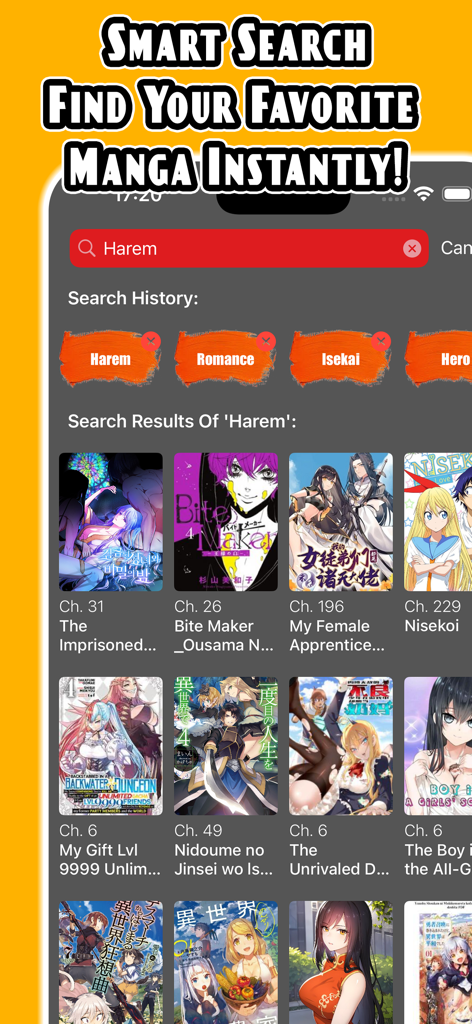 Manga Reader: Webcomic, Manhwa - A smartphone displaying the smart search interface of the Manga Reader app with search results for the harem genre.