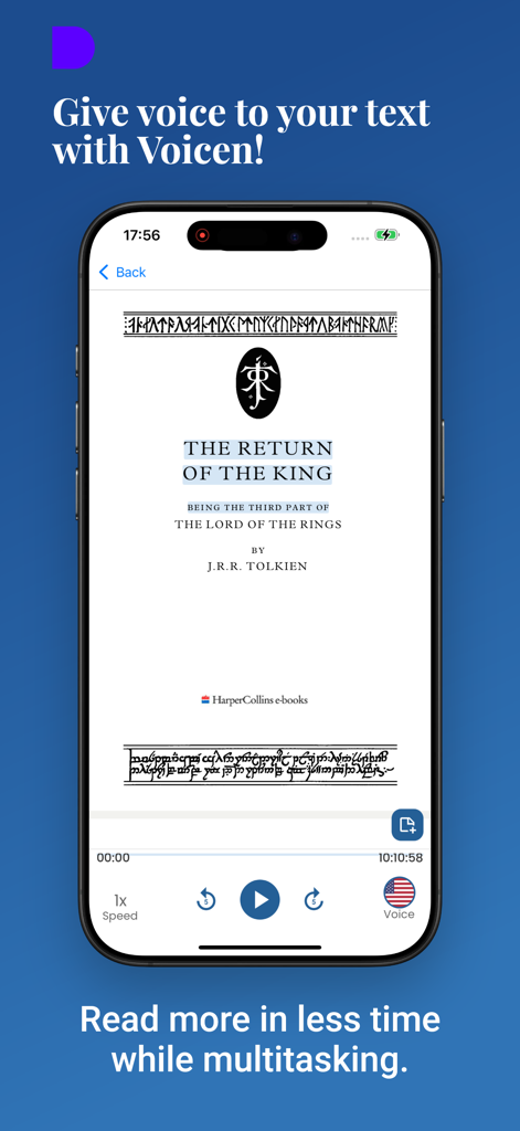 Voicen AI: Text to Speech - Voicen AI mobile app interface reading an ebook with text to speech playback controls