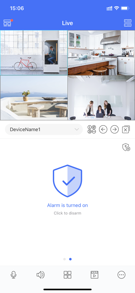 SuperCam Plus - Benutzeroberfläche der SuperCam Plus-App mit einem Live-Überwachungsraster für 4 Kameras und einer aktiven Alarmstatusanzeige
