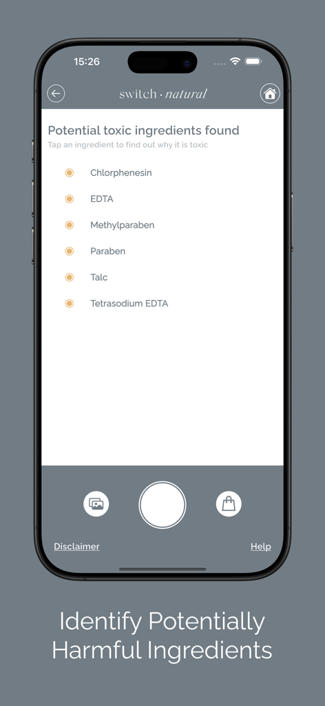 Switch Natural - A smartphone displaying a list of potentially harmful ingredients like parabens and talc identified by the Switch Natural app