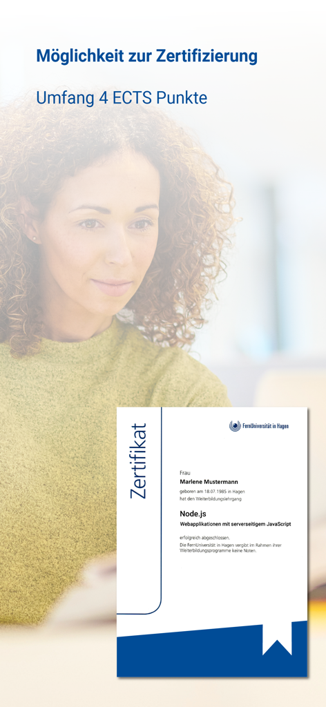 Node.js Kurs & Zertifikat - Ein Muster-Universitätszertifikat für den Node.js-Kurs mit 4 ECTS-Punkten von der FernUniversität Hagen