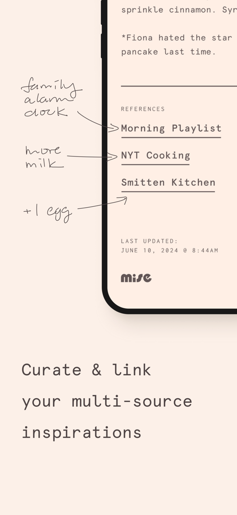 A screenshot of the Mise app showing a curated list of recipe references and links with handwritten notes on a minimalist interface.