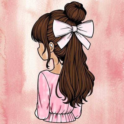 realistic girl  with hip length hair a bun and a big bow on the back of head