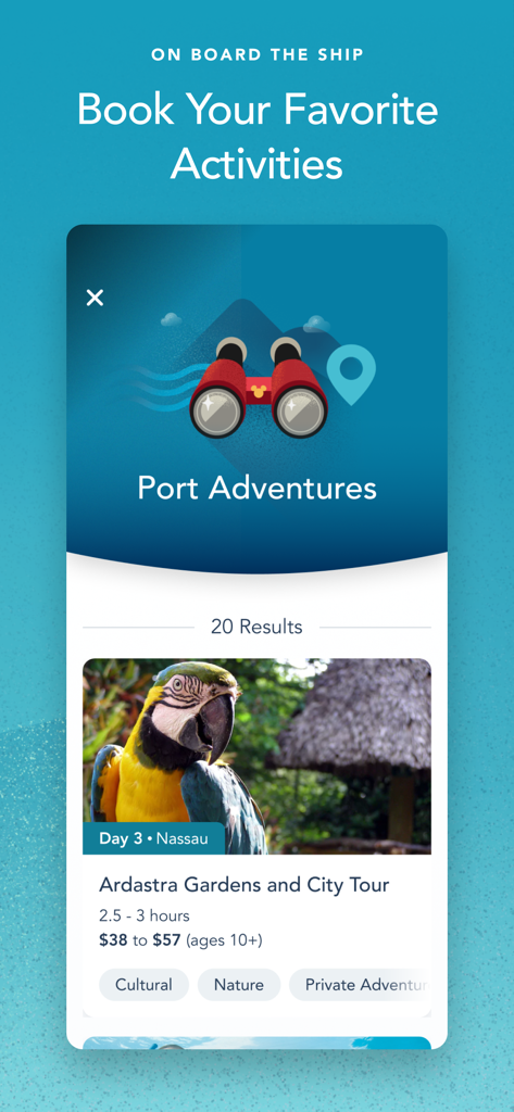 Disney Cruise Line Navigator - Port Adventures booking screen in the Disney Cruise Line Navigator app
