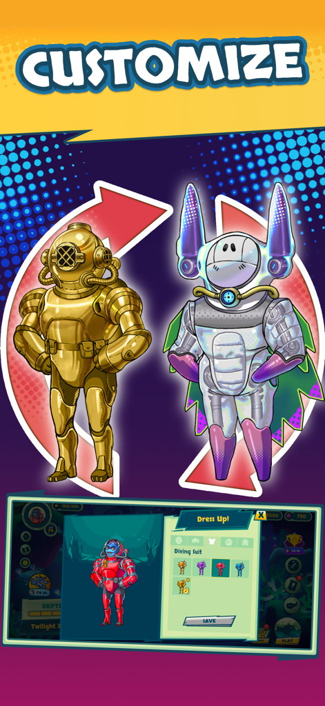 Submarine Quest: Merge&Explore - Customization screen in Submarine Quest showing various diving suit outfits for the explorer