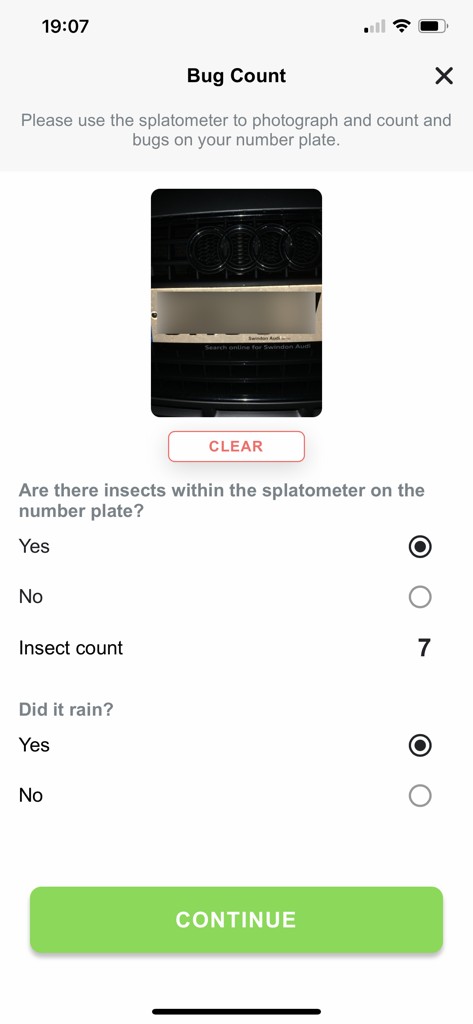 Bugs Matter - Bug count entry screen showing a photo of a license plate and fields for insect data