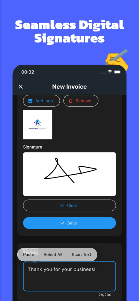 Simple Invoice Pro creator - プロフェッショナルな請求書にデジタル署名やビジネスロゴを追加するためのインターフェース。