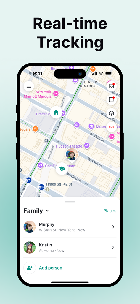 Fime: Phone Tracker GPS Locate - Fime app interface showing real-time GPS tracking of family members on a map.