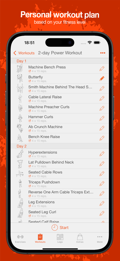 Interfaz de la app Fitness Point mostrando una rutina de entrenamiento de fuerza personalizada de dos días para hombres