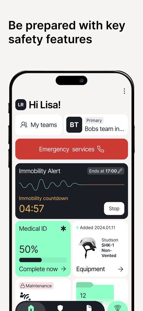 Dashboard dell'app mobile Twiceme che mostra il pulsante dei servizi di emergenza, l'allerta di immobilità e le informazioni sull'identità medica