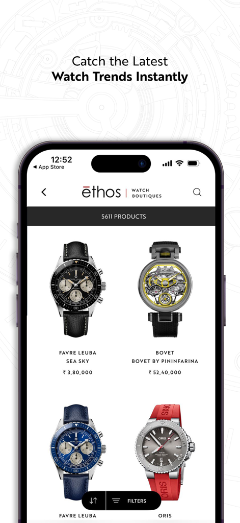 Ethos Watches - The Ethos Watches app interface showing a selection of luxury timepieces and brand collections
