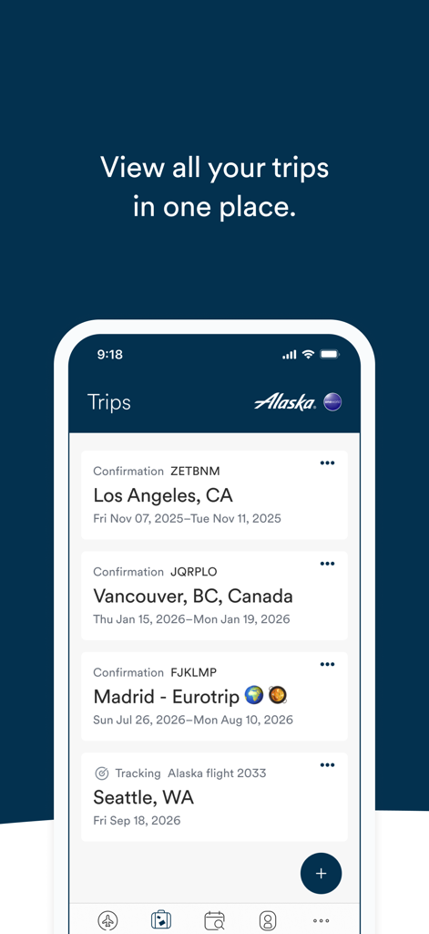 アラスカ航空アプリの今後のフライト旅行リストを表示する携帯電話画面。