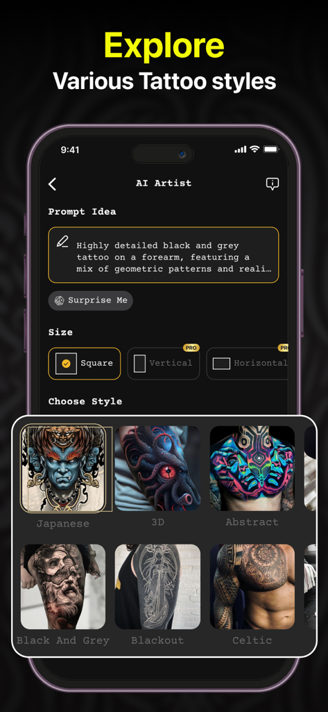AI Tattoo Generator - AI Ink - Interface of AI Tattoo Generator app showing various tattoo styles and prompt options