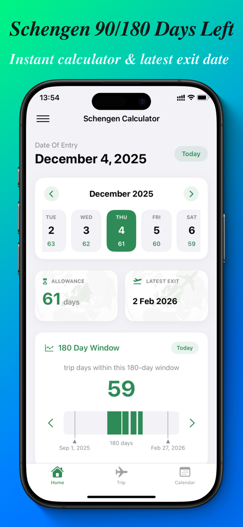 Interfaz de la aplicación móvil Schengen Calculator que muestra la asignación de viajes y la última fecha de salida.