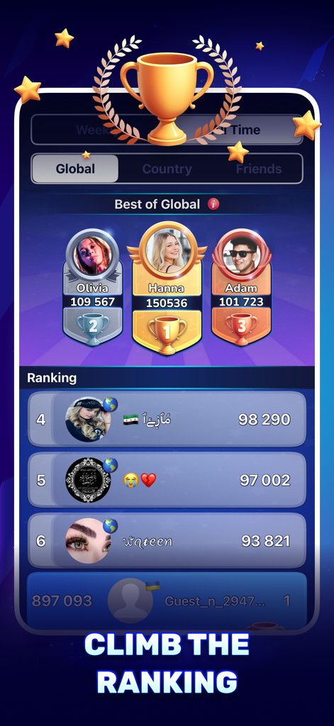 Ludo Clash: Play Ludo Online - Global ranking screen in the Ludo Clash app showing a leaderboard with top players and their scores