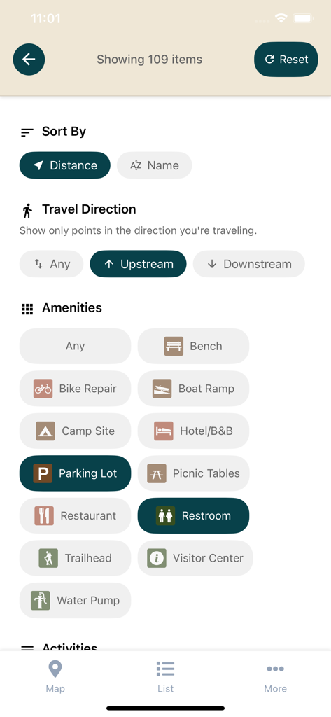 C&O Canal Explorer - Filter settings screen for the C and O Canal Explorer app highlighting various park amenities like parking and restrooms