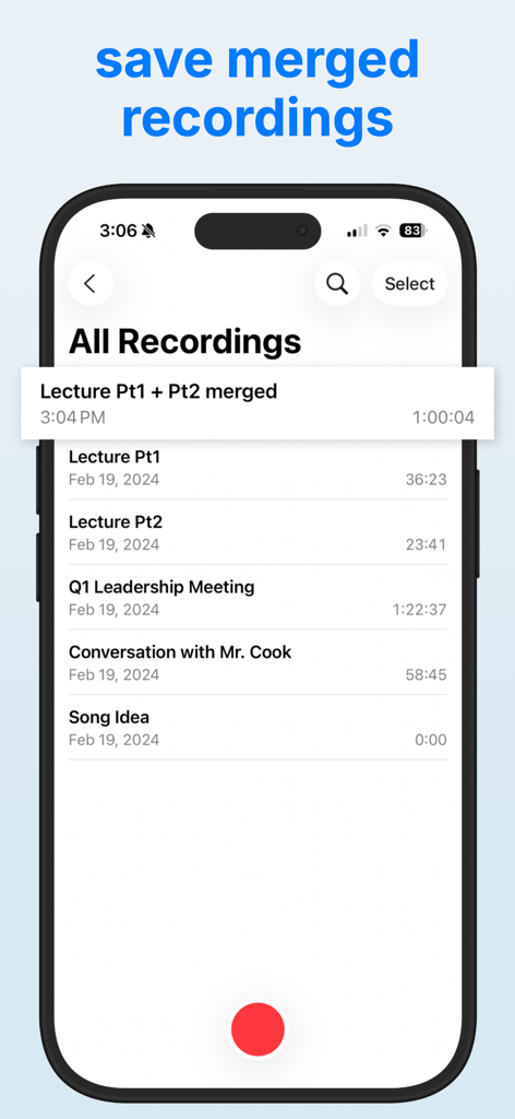 Uma lista de gravações de voz em um iPhone mostrando uma gravação de palestra mesclada com sucesso no topo