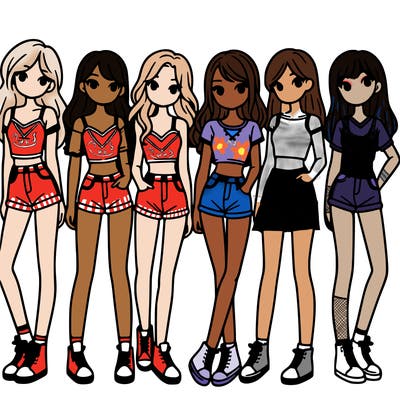 a group of girls wearing crop tops and shorts