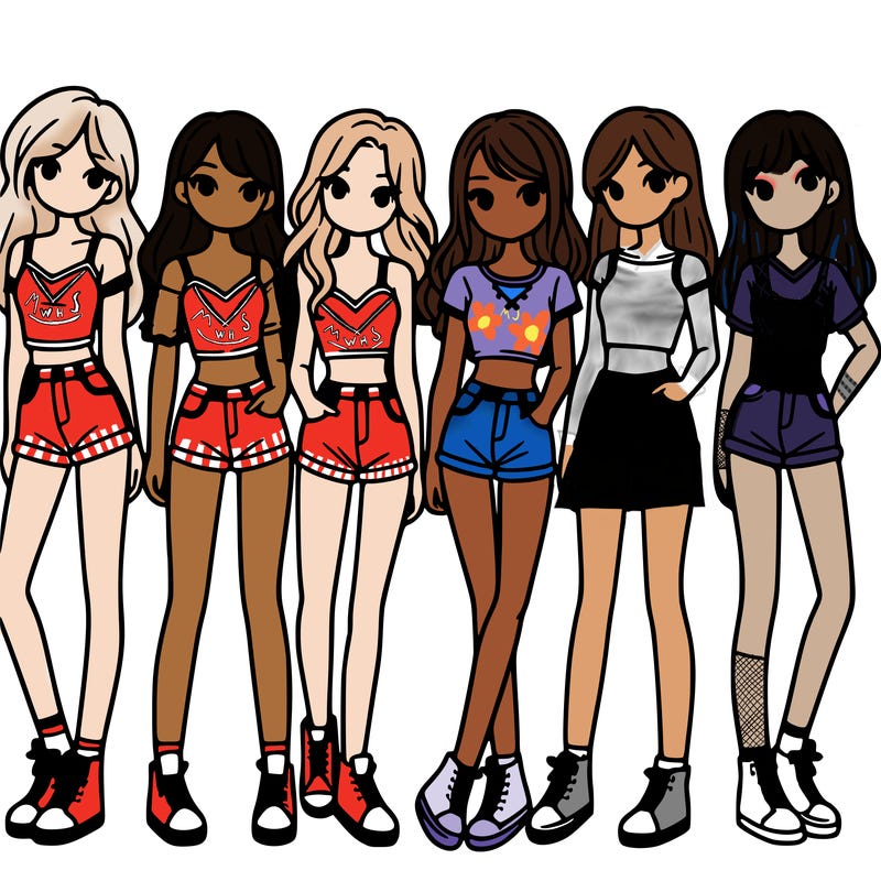 a group of girls wearing crop tops and shorts