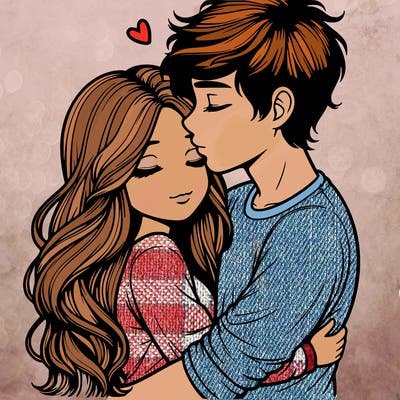 a realistic couple boy and girl hugging and kissing