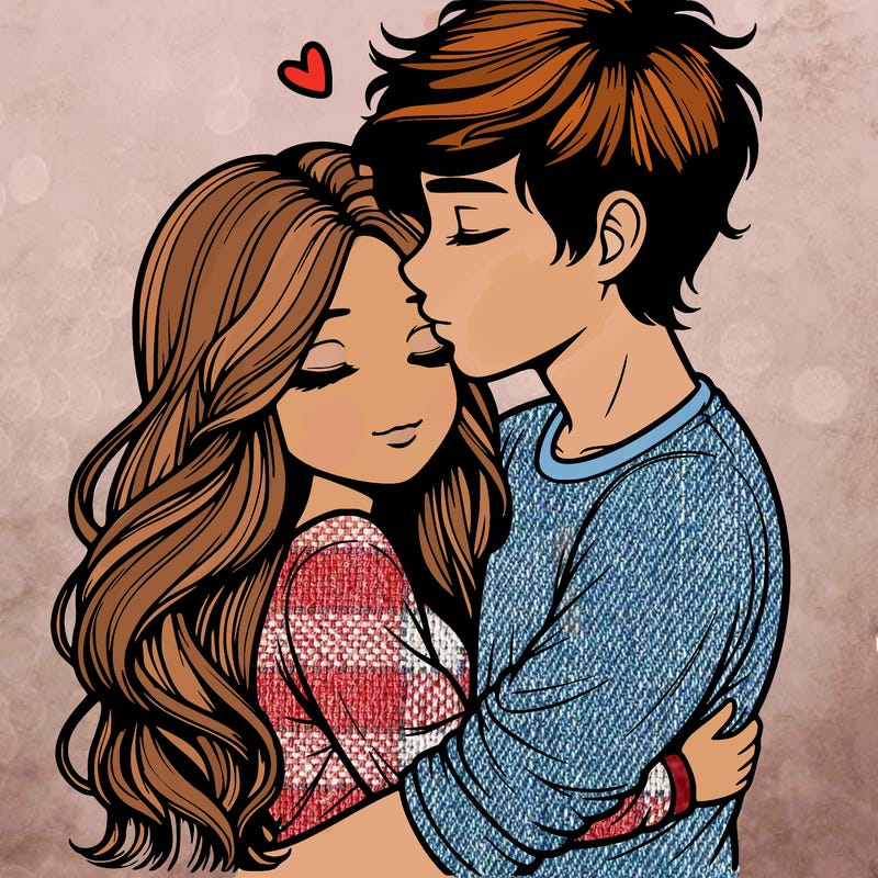 a realistic couple boy and girl hugging and kissing