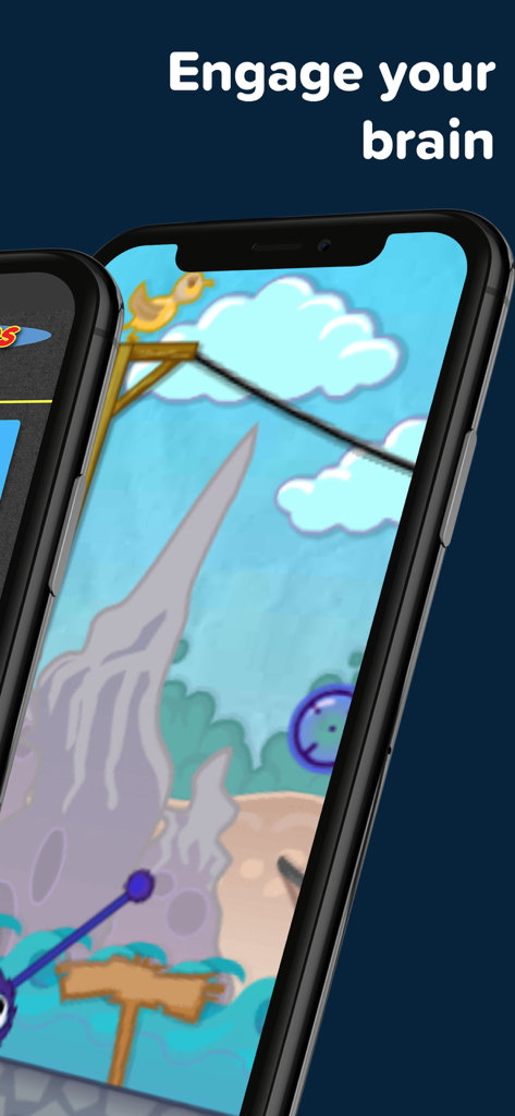 Coolmath Games: Fun Mini Games - Un smartphone mostrando un juego de puzzles de física de la aplicación Coolmath Games con el texto 'Despierta tu cerebro'