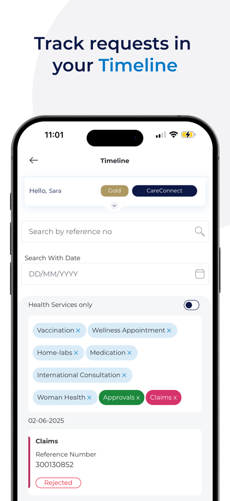 Bupa بوبا - La pantalla de Cronología en la app de Bupa que muestra filtros para vacunas y citas de bienestar para seguir las reclamaciones de seguro médico