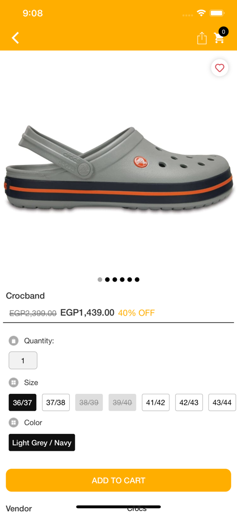 A product detail page on the Footcourt Egypt app showing a light grey and navy Crocband clog with a 40 percent discount and add to cart button.