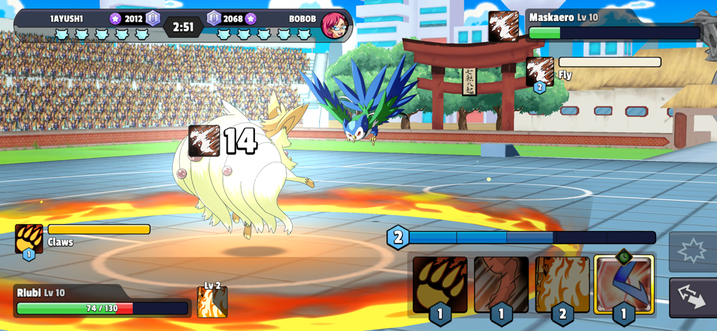 Duelo de monstruos PvP en tiempo real en una arena de estadio al aire libre.