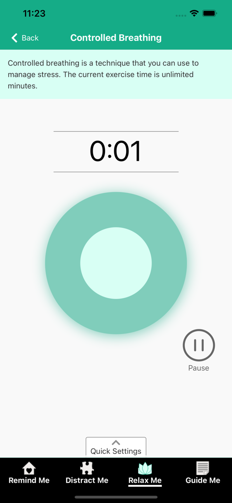 Virtual Hope Box (new) - Interface of the Virtual Hope Box app showing a controlled breathing exercise with a timer and visual guide