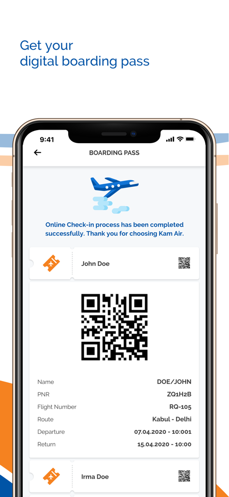 Kam Air Trustable Wings - Cartão de embarque digital para um voo da Kam Air exibido na tela de um smartphone