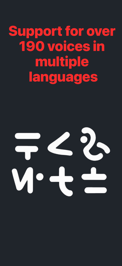 PDF Voice Reader Pro Translate - テキスト読み上げ用に複数の言語で190以上の音声に対応していることを示すインターフェース