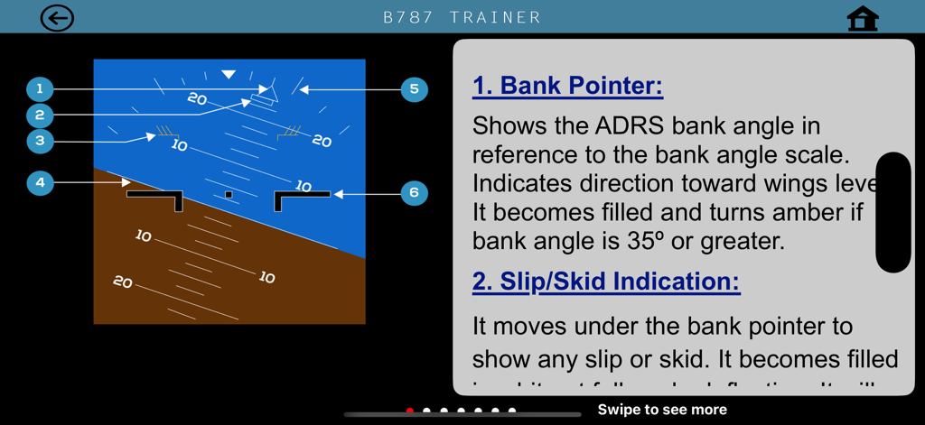 B787 Cockpit Pilot Trainer - B787 Pilot Trainer app screen explaining the Primary Flight Display bank pointer and slip skid indication