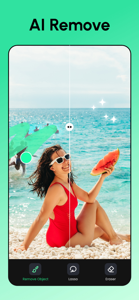 Remove Objects: Pic Retouch AI - AI photo retouching app interface showing removal of photobombers from a beach scene