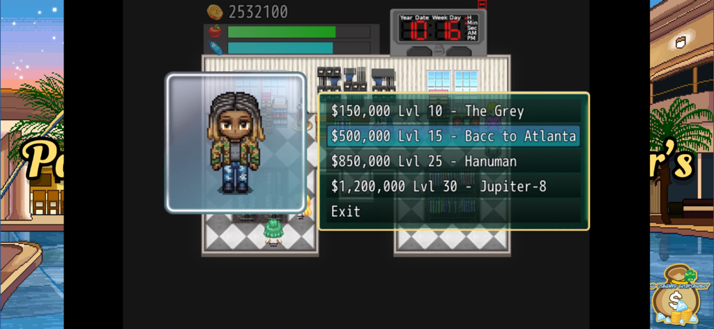 A pixel art character menu in the Paper Chaser's game showing shop items and level requirements