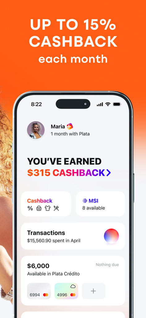 Plata Card mobile app interface showing $315 in earned cashback and transaction summary on an orange background