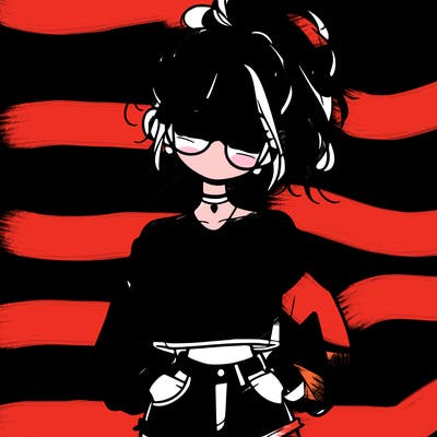 girl with a messy ponytail glasses a baggy crop top and jean shorts